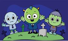 friendly ghouls with big eyes posing in a cemetery