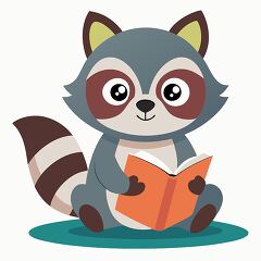 friendly raccoon holding an orange book sits on the ground