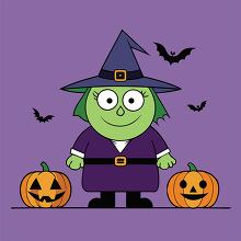 friendly witch with green eyes stands against a purple background