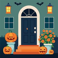 front door decorated for halloween with pumpkins lanterns bats