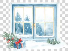 A vintage style window is adorned with frost and holiday decorations. Outside, evergreen trees are visible through the glass, and a beautifully wrapped gift rests nearby.