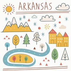 Colorful illustrations depict the scenic landscapes of Arkansas, featuring rolling mountains, flowing rivers, and whimsical trees. The sun shines brightly in the corner, while playful clouds float above.