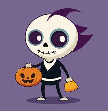 funny skeleton with a pumpkin shaped trick or treat bag