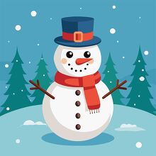 funny snowman with a blue top hat and red scarf