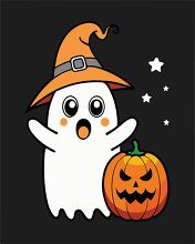 ghost with big eyes and a witch hat