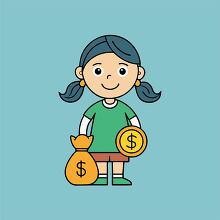 girl holding a big coin and a money bag