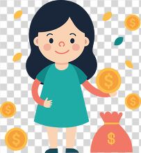 girl holding a big dollar coin and money bag transparent