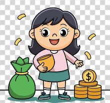 girl with black hair celebrating her savings with a big money ba