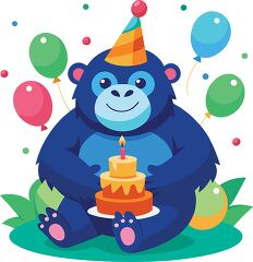 gorilla holds a two tiered birthday cake with candle and balloon