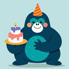 gorilla wearing an orange striped party hat holds a pink and whi