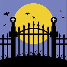 graveyard fence with pointed spires stands under a full moon