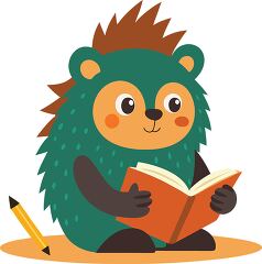 green cartoon porcupine holds a book while a yellow pencil