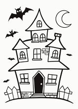 halloween coloring book creepy house with bats flying