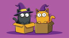 Halloween themed illustration of cats wearing witch hats