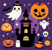 Halloween themed illustration with a ghost bat and pumpkins arou