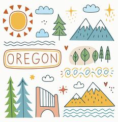 Vivid illustrations showing the diverse beauty of Oregon, featuring mountains, lush forests, and sunny skies. Encircled by playful clouds and vibrant colors, the design highlights key elements of the state's identity, from majestic peaks to iconic bridges.