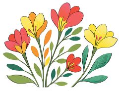 Hand-drawn colorful floral bouquet with red, orange, and yellow blossoms and green leaves