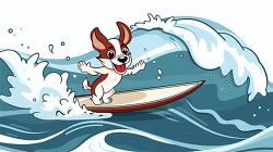 happy dog surfing on a wave