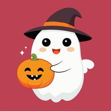 happy ghost wearing a witch hat holds a grinning pumpkin