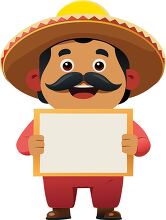 happy Mexican man with a large mustache presents an empty board 