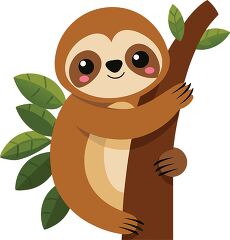 happy sloth clings to a tree branch with green leaves