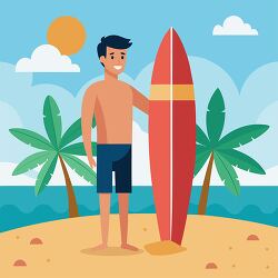 Happy surfer stands with his surfboard on beach clipart