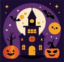 haunted castle with a spooky bat and pumpkin under a glowing moo