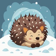 Hedgehog curled up in a snow cave