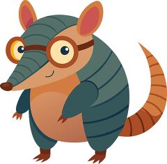 heerful armadillo with big glasses and a striped shell stands up