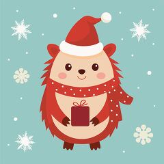 holiday hedgehog in a Santa hat holds a gift