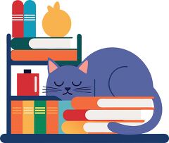 illustration of a napping cat resting on a bookshelf with a pott