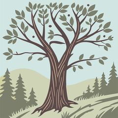 illustration of a tree with spreading branches and a natural forest