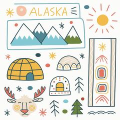 Illustration of Alaska symbols including mountains igloos