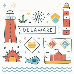 Hand-drawn Delaware state-themed illustration featuring lighthouses, waves, coastal elements, and colorful doodles. Ideal for educational materials and graphic projects