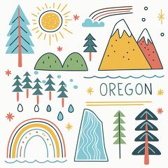 Playful elements showcase Oregon's stunning scenery, from majestic mountains to sprawling forests. A radiant sun beams down on rolling hills and a tranquil river, while whimsical rain and a rainbow add cheer to the backdrop.