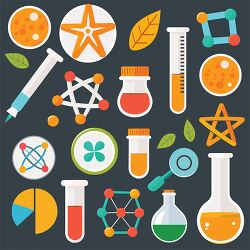 illustration of various science lab equipmen and molecular model