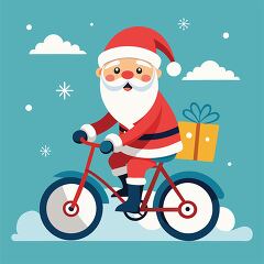 jolly Santa pedals a bike with a basket full of holiday goodies