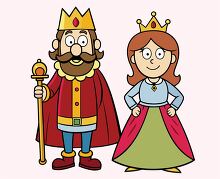 king holding a scepter and the queen smiling cartoon style