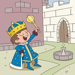 king sits on a throne in a castle courtyard