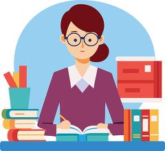 librarian surrounded by books and office supplies