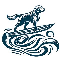 line drawing of a dog surfing