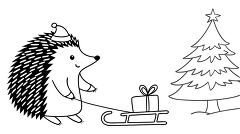 line drawing of a hedgehog pulling a sled with a gift