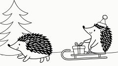 Line drawing of two hedgehogs with one pulling a sled