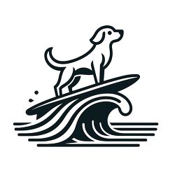 line illustration of a dog surfing on a wave