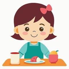 Illustration of a little girl enjoying breakfast with juice and a pastry on the table.