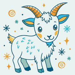 llustrated goat with a happy face stands with background pattern