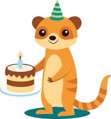 meerkat wearing a striped party hat holds a birthday cake with a