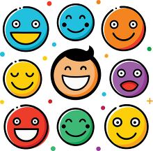 Multicolored smiley faces shows happiness and laughter