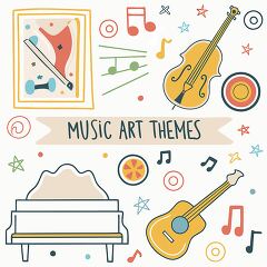 Illustration of musical instruments and symbols, including a guitar, cello, piano, and music notes, with a banner reading Music Art Themes.