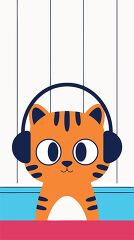 orange cat with headphones listening to music